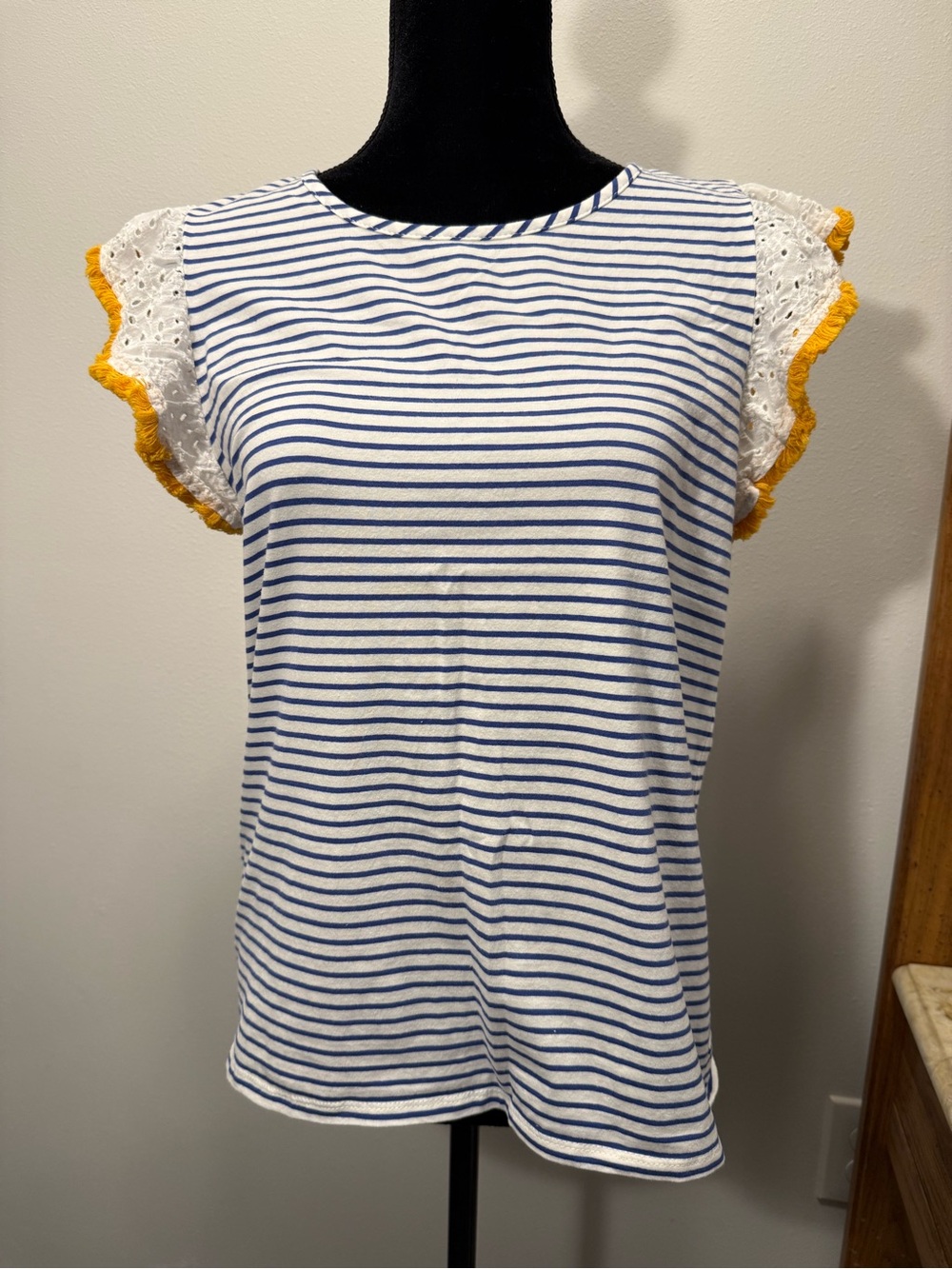 THML Navy and White Striped Tank with Mustard Trim Eyelet Sleeves